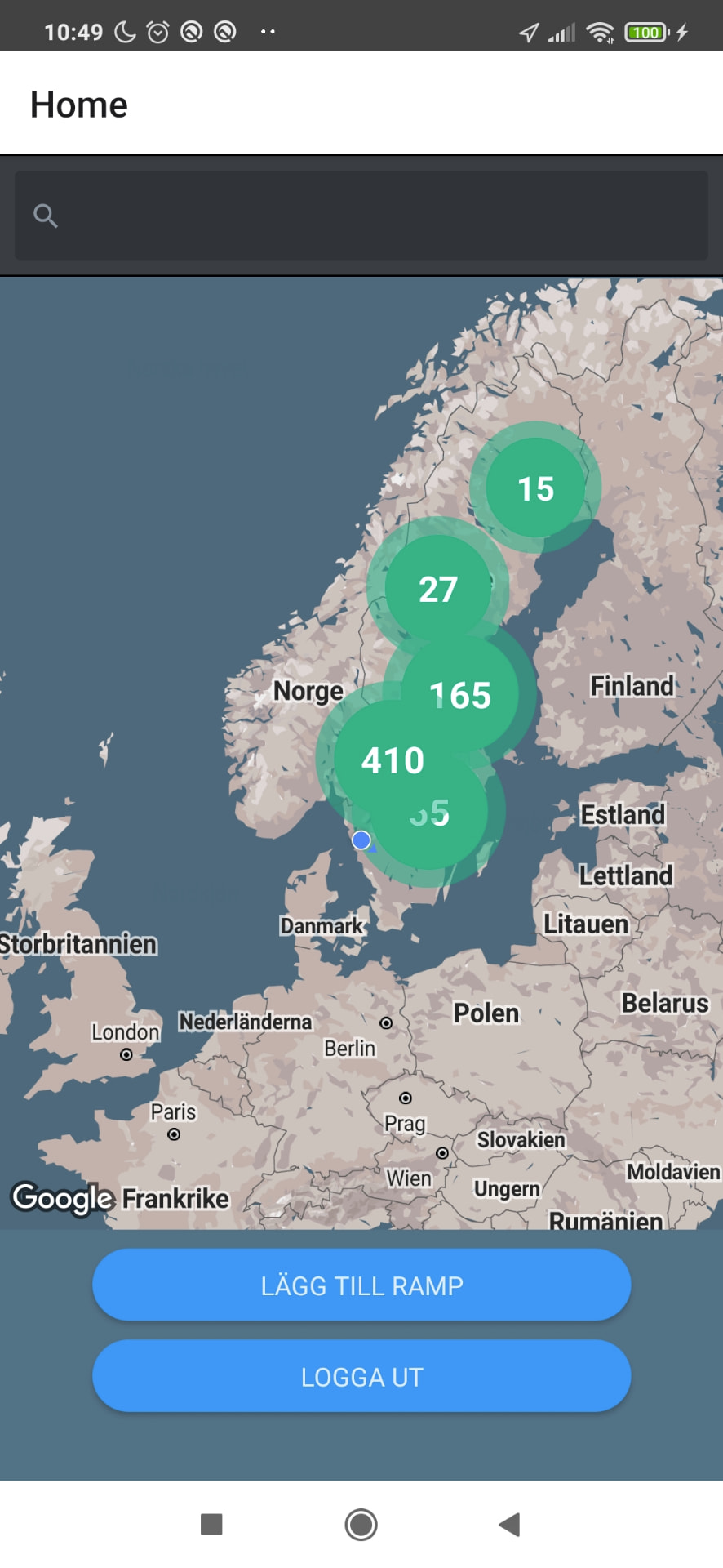 Båtramper-appen för Android med båtramper grupperade på en Google Maps-karta.