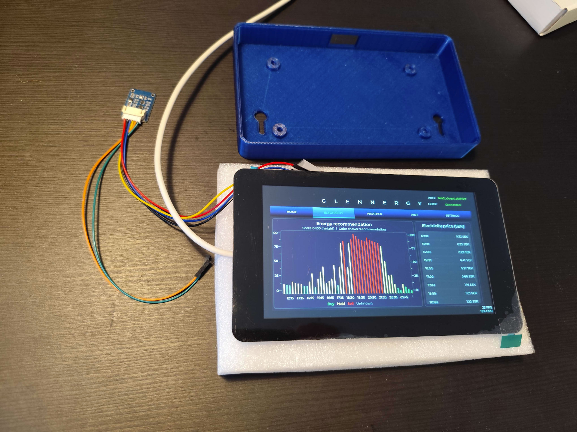 Fysisk Glennergy-prototyp som kör Electricity-vyn, med touchscreen, ansluten BME280-sensor, kablage och 3D-printad kapsling synliga.